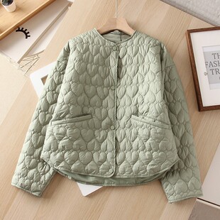 2025秋季女装轻薄心形保暖长袖弹力短款外套棉服圆领外穿夹克棉衣