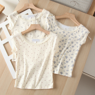 欧美~女装新品纯欲风欲碎花T恤圆领露锁骨弹力修身显瘦短袖T上衣