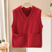 红色口袋针织马甲背心叠穿V领小宽松无袖 2026春季 新品 毛衣上衣