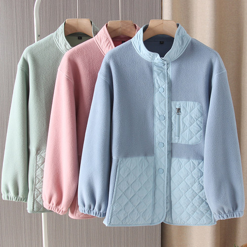 立领薄夹棉拼接摇粒绒夹克外套