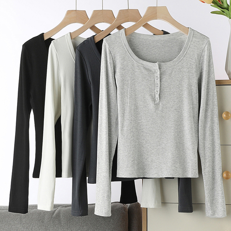纯色圆领纽扣T恤长袖打底上衣