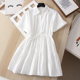 2025春夏新款 女连衣裙 显瘦 蝴蝶结系带纽扣宽松白色 翻领短袖