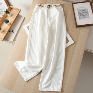 高腰部拼接宽松设计感直筒长裤 白色莱赛尔弯刀牛仔裤 女秋2025新款