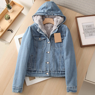 休闲复古减龄感加厚舒适保暖毛毛里衬连帽牛仔外套女