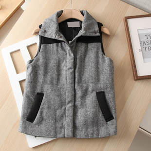 柜子270+!美国单~立领人字纹毛呢夹棉背心马甲外套女装秋冬坎肩
