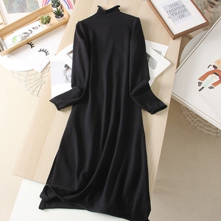 新款 通勤百搭长裙时髦女连衣裙子女 纯色显瘦高领打底针织裙秋冬季