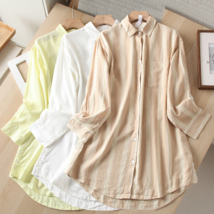 长袖 走老美 衬衫 透气宽松休闲翻领长款 衬衣女显瘦上衣 55亚麻薄款