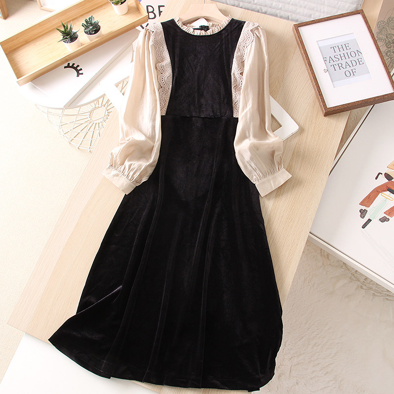 法式精致优雅复古时尚百搭名媛气质蕾丝拼接丝绒连衣裙 女长裙