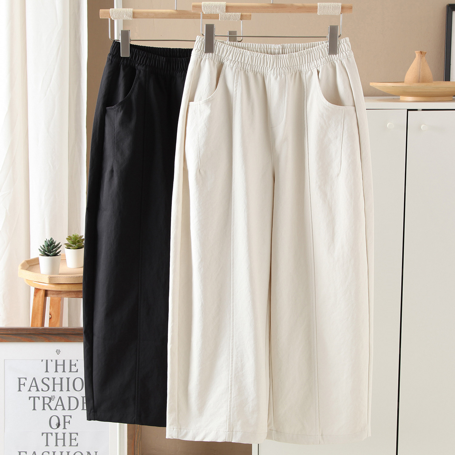 2025新品 阔腿裤女秋季梨形身材松紧腰宽松显瘦九分直筒休闲裤,女装/女士精品,休闲裤,淘宝优惠券,粉丝福利购,淘宝优惠卷