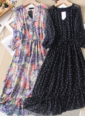 欧美风格 舒适网纱面料印花松紧腰系带斜角中长款连衣裙女雪纺裙