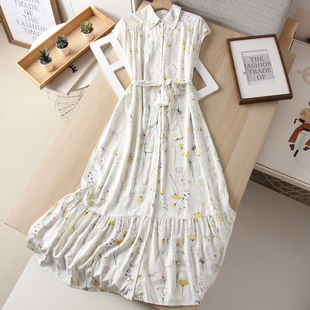 长裙 式 波西米亚度假风花朵印花配腰带连衣裙女装 单排扣荷叶边衬衫