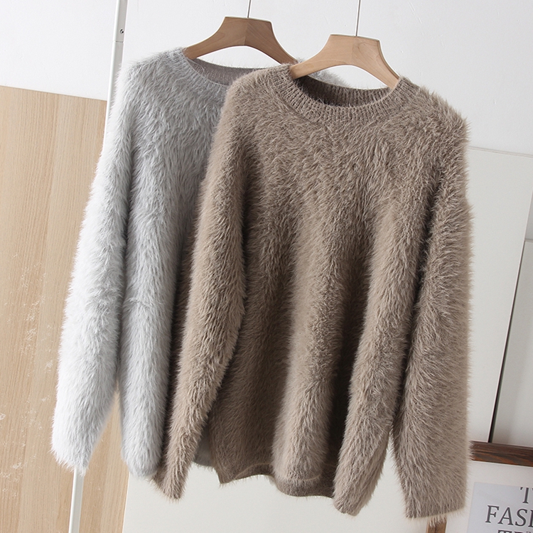 秋冬温柔仿水貂绒圆领套头毛毛衣