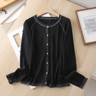 2025春款 银丝卷边圆领弹力薄款纽扣开衫长袖针织小衫 女打底上衣