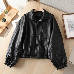 黑色oversize落肩廓形PU皮衣夹克复古休闲时髦短外套女秋冬款 上衣