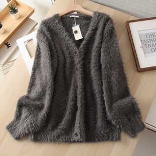 出口日本单 仿羊驼毛 26春季女士宽松V领针织开衫毛衣外套