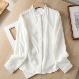 通勤OL气质简约白色衬衣长袖 百搭休闲单排扣立领上衣 春秋2025新款