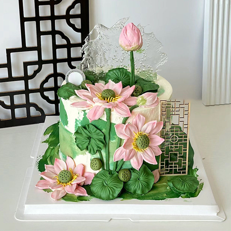 中式荷花春天莲花蛋糕妈妈母亲情人裱花生日蛋糕深圳网红同城配送