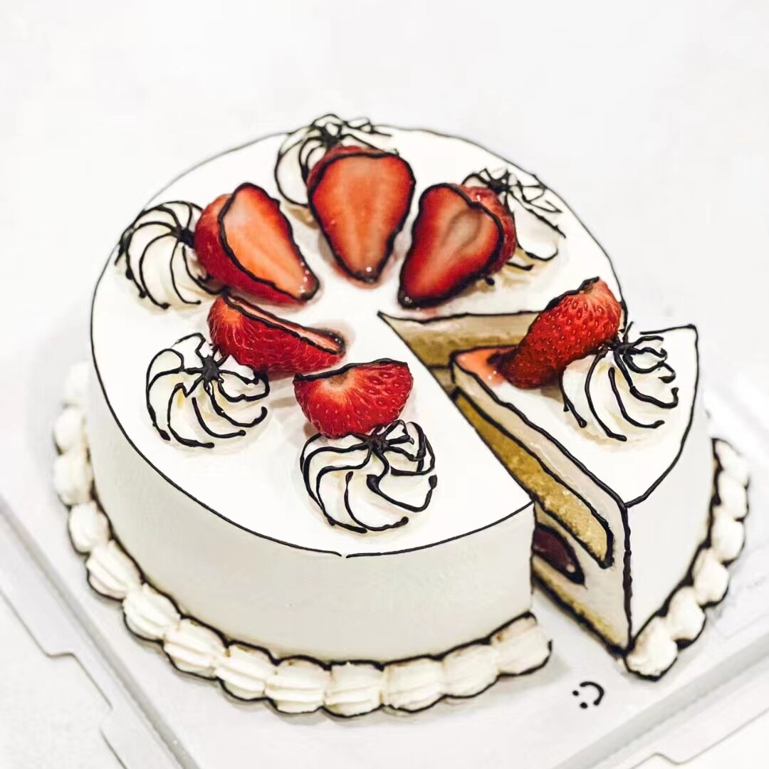 网红漫画风二次元线条手绘2D生日蛋糕动物奶油定制款成都同城配送