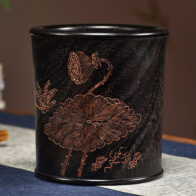 紫檀木蝶恋花子母笔筒红木血檀小叶紫檀办公桌面装饰摆件送礼盒装