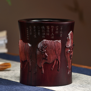 紫檀木五牛图笔筒红木血檀小叶紫檀办公桌面装饰实木摆件送礼盒装