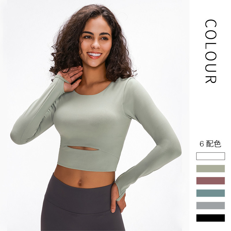 秋冬季带胸垫瑜伽长袖t恤女露腰短款修身运动上衣透气健身服,运动服/休闲服装,运动T恤,淘宝优惠券,粉丝福利购,淘宝优惠卷