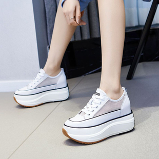 厚底增高10厘米松糕鞋板鞋百搭休闲鞋高跟网面透气真皮系带小白鞋