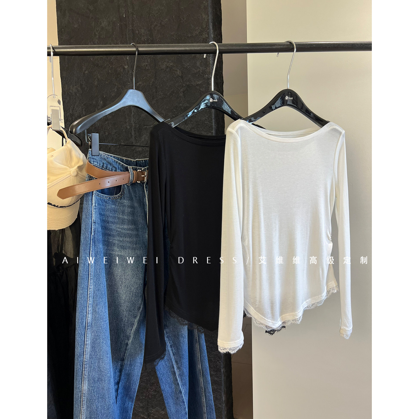 【天丝+羊毛】一字领蕾丝拼接下摆 抽皱不规则轻薄打底单穿面膜T