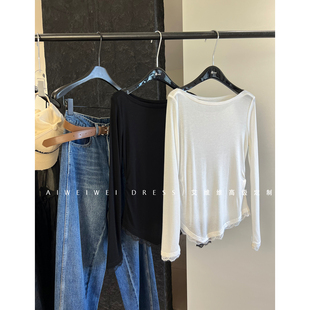 羊毛 一字领蕾丝拼接下摆 抽皱不规则轻薄打底单穿面膜T 天丝