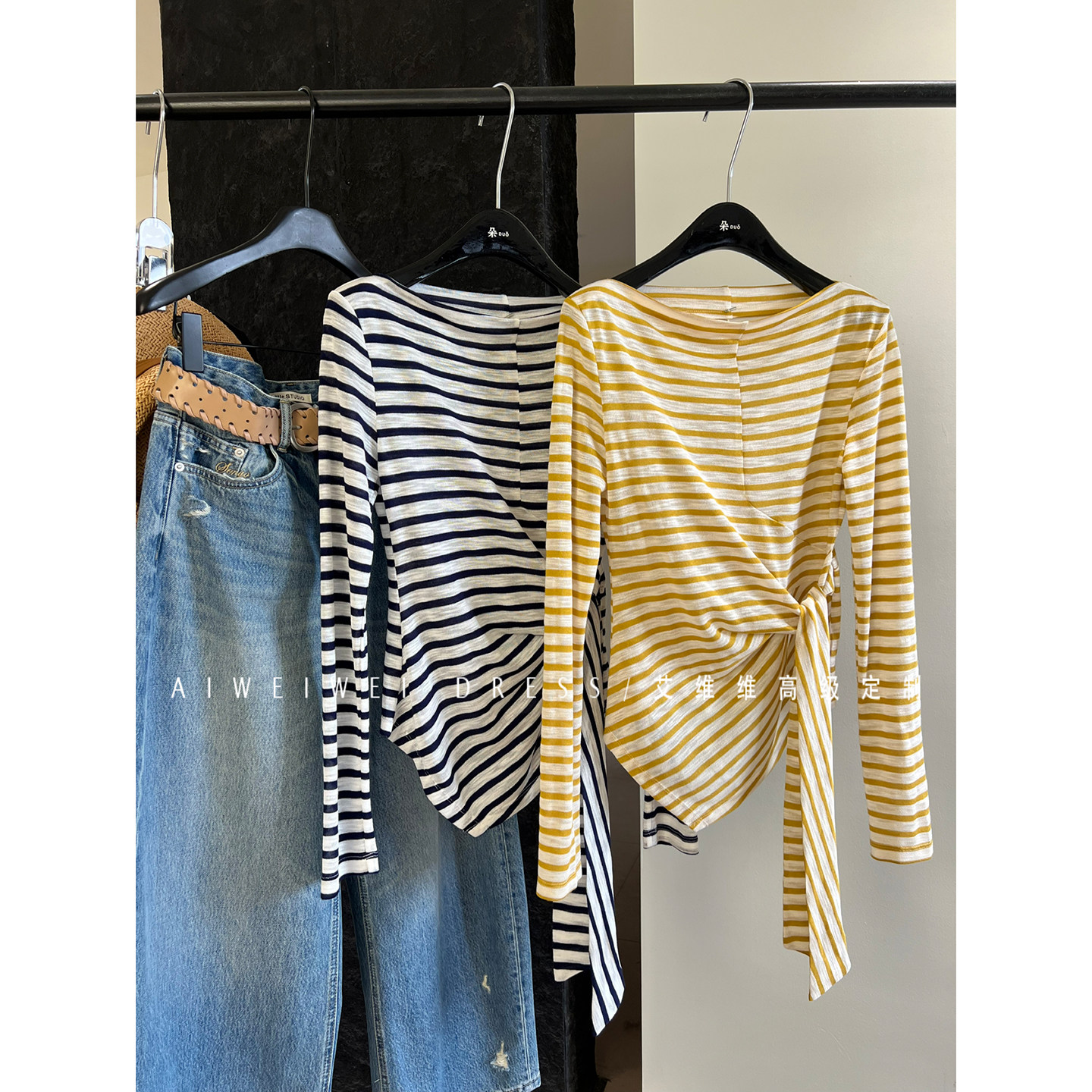 原创小众设计师款/春夏亲肤防晒不规则绑带条纹撞色长袖T恤女