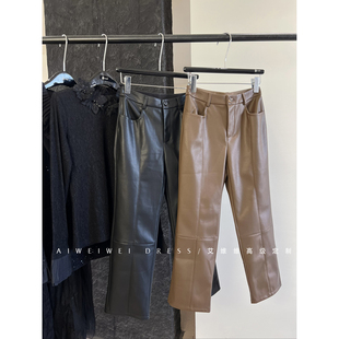 女秋冬新款 显瘦直筒百搭烟管裤 加绒细腻柔软pu皮裤 小众设计师款