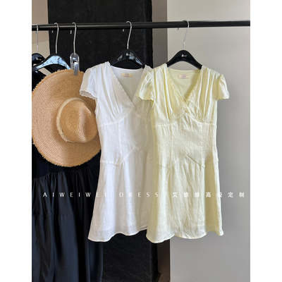 【重磅全亚麻】小众设计师款 度假法式刺绣钩花V领收腰连衣裙短裙