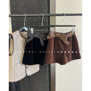 女秋冬新款 「正版 显瘦长腿丝绒阔腿短裤 」腰部侧蝴蝶结 设计师款