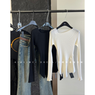 斜肩不规则下摆打底单穿针织衫 小众设计 100%德国扬子全羊毛