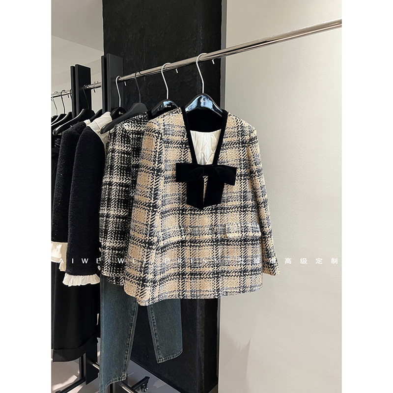 【小众设计师】夹棉！法式减龄宫廷风 大蝴蝶结V领格子羊毛呢外套