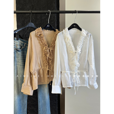 小众设计师款/法式木耳边荷叶边系带V领长袖衬衫衬衣女春季新款