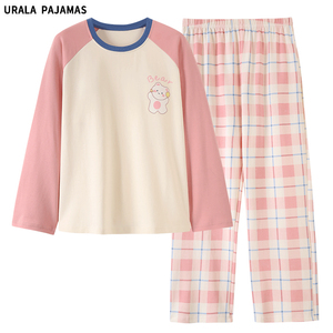 Urala pajamas春秋季新款格子睡衣女纯棉长袖可爱小兔家居服套装