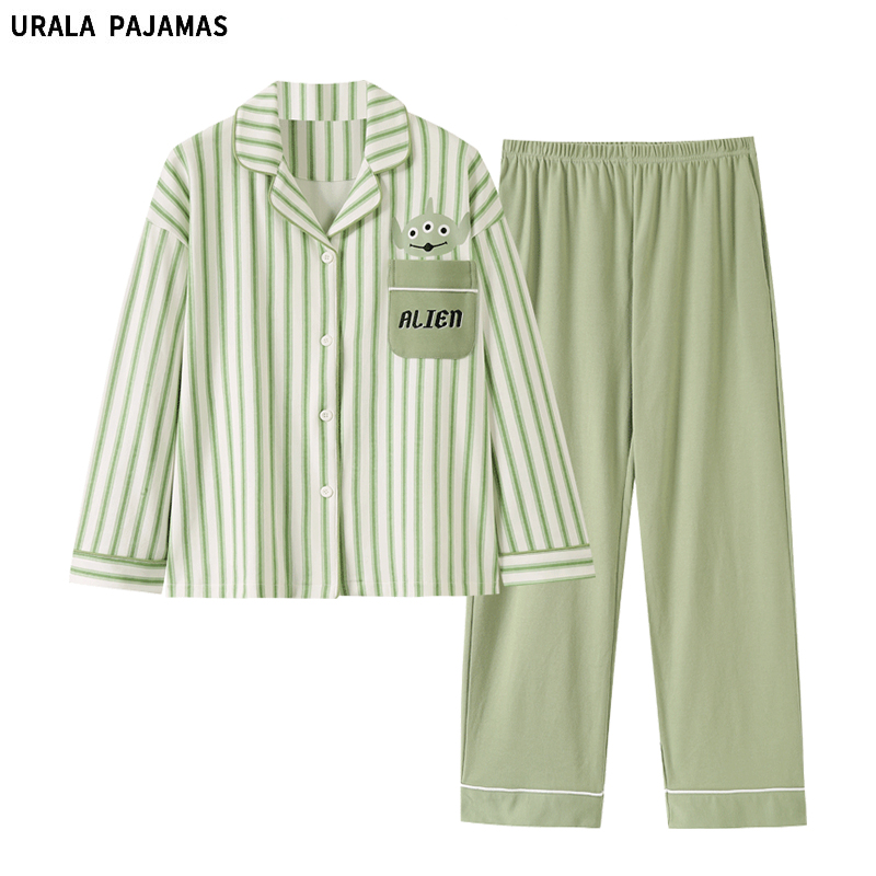 Urala pajamas网红条纹睡衣女春秋纯棉可爱三眼仔长袖家居服套装