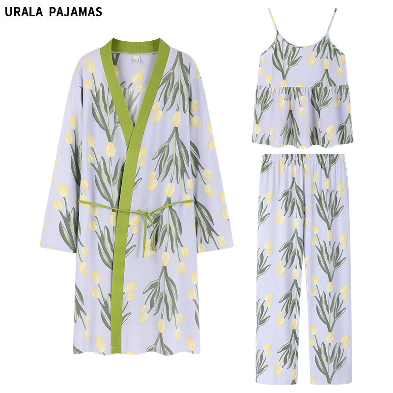 Urala pajamas三件套装睡衣女春秋季宽松大码性感睡袍吊带家居服