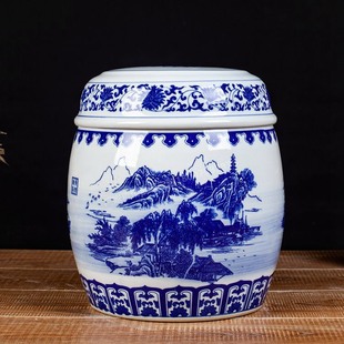 景德镇青花山水陶瓷骨灰盒骨灰坛子骨灰罐大号迁坟骨灰盅厂家直销