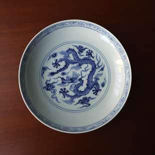 间作闲老青花瓷龙纹盘景德镇陶瓷圆形深盘8.5寸家用传统工艺餐具