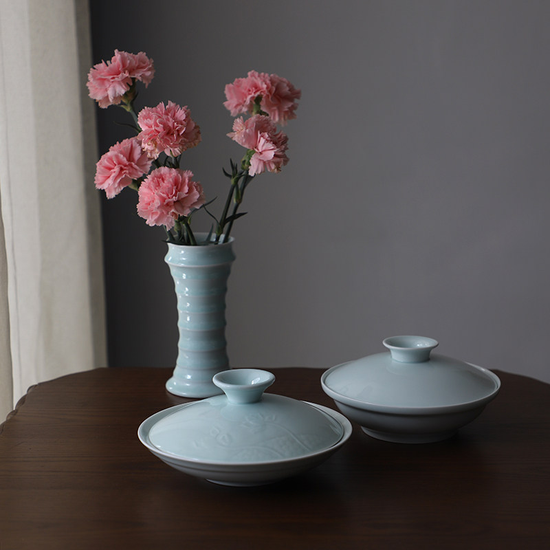 山水一间景德镇和合器带盖菜盘影青釉家用陶瓷餐具高温烧制