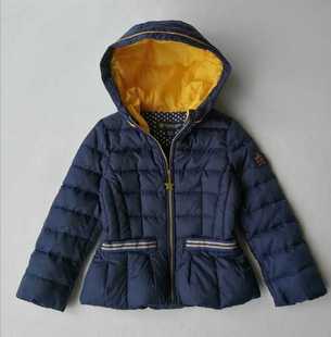 清货外贸原单女童羽绒服短款连帽女孩外套蓝色白色带帽儿童白鸭绒