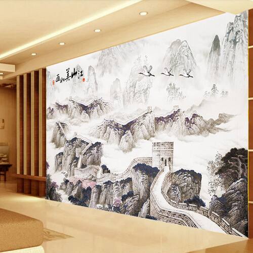 江山美如画壁纸壁画工笔画客厅沙发高清背景墙纸万里长城壁布墙布