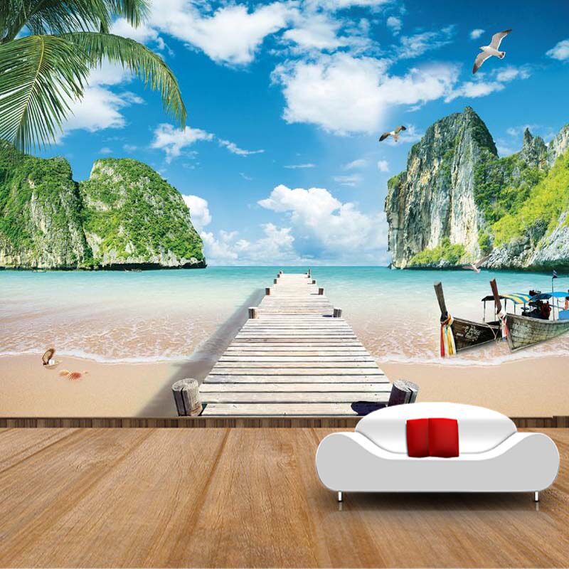 夏威夷阳光沙滩壁纸壁布椰树蓝天白云海景3d装饰壁画背景墙纸墙布