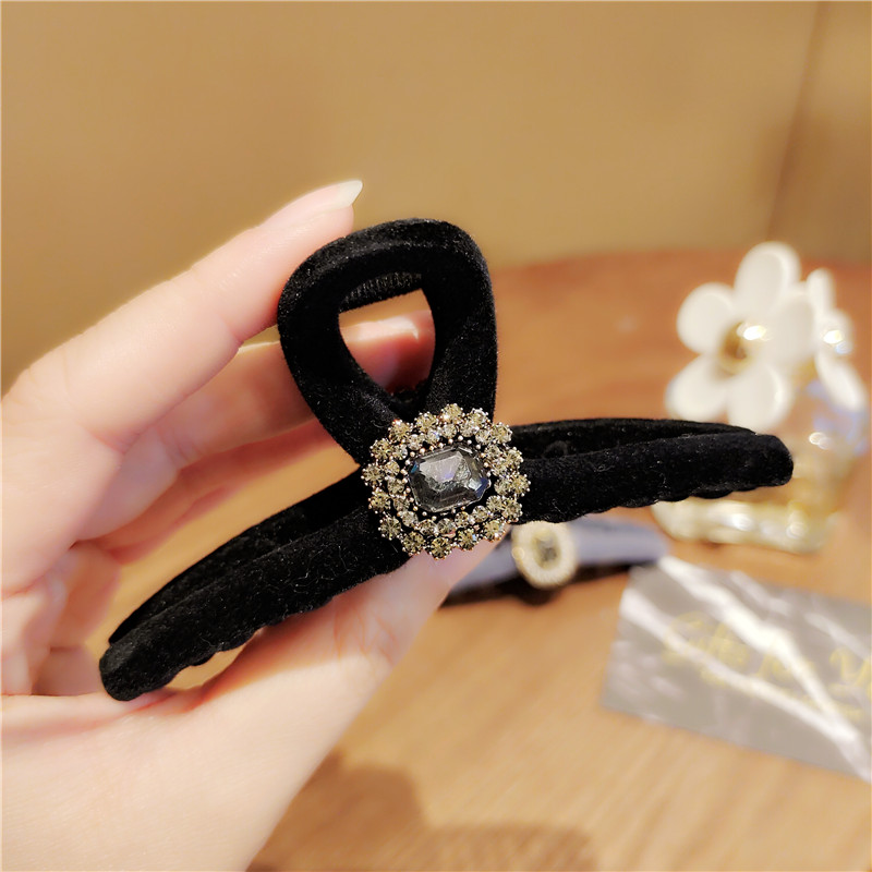 日韩黑色植绒复古水钻发抓夹子女生后脑勺抓夹大号盘发鲨鱼夹全新