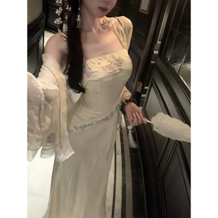 雅乔【东游仙洲】夏季新中式改良吊带裙暗纹提花刺绣国风连衣裙女