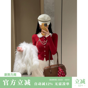 Sun雅乔 波点半身裙A字短裙 复古波点娃娃领红色针织上衣