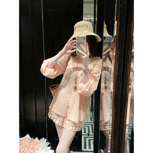Sun雅乔【轻盈呼吸】长袖莱赛尔苎麻蕾丝上衣短裤阔腿裤两件套装