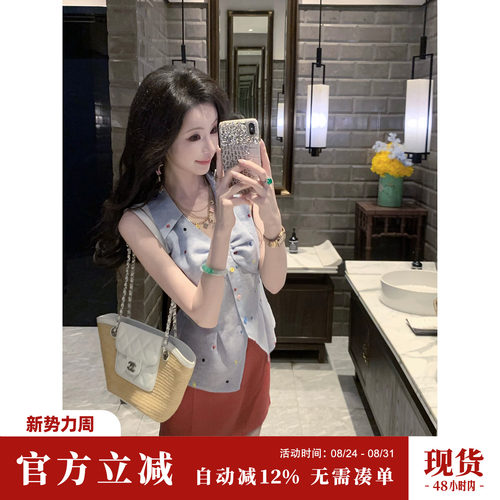 Sun雅乔【白瓷新贵】夏季无袖法式衬衫翻领刺绣波点扭结亚麻上衣