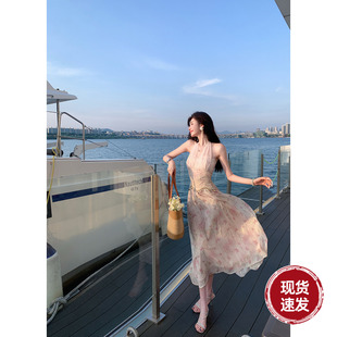 轻熟风时尚 Sun雅乔 新款 夏季 高档中长印花挂脖连衣裙 生如夏花